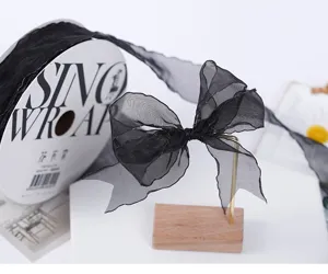 2.5cm black wavy sheer ribbon DIY flower bouquet packaging bow gift wrapping satin ribbon