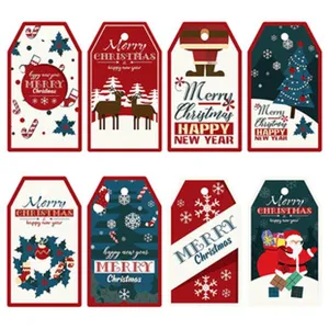 Detailed view of assorted Christmas paper gift tags with festive reindeer and Santa designs.