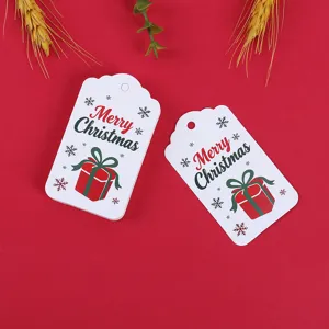 Christmas gift tags paper labels with Merry Christmas print and red gift box for holiday decor