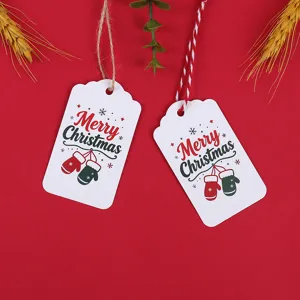 Christmas gift tags detail view featuring mitten graphics and festive English text for packaging.
