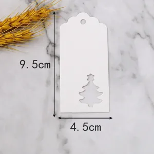 White paper Christmas tree cut-out gift hang tag, 9.5x4.5cm holiday decoration card.