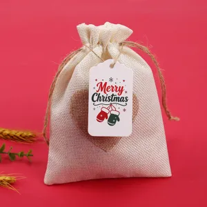 Christmas burlap gift bag with hanging tag holiday party favor packaging pouch set.