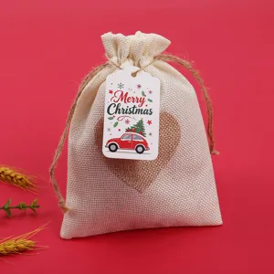 Christmas burlap gift bag with decorative tag holiday candy packaging festive party decor