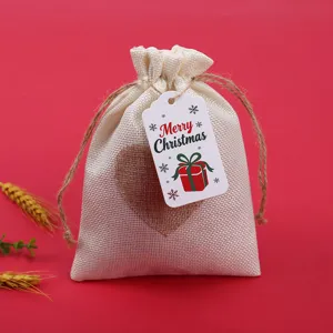 Christmas burlap gift pouch with festive hang tag, perfect for holiday party favors and gifts.
