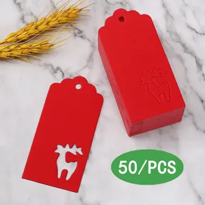 Red Christmas elk paper gift tags set with dry wheat decor, 50pcs festive detail view