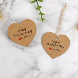 Heart shaped craft paper gift tags with Happy Mothers Day text for holiday present decoration.