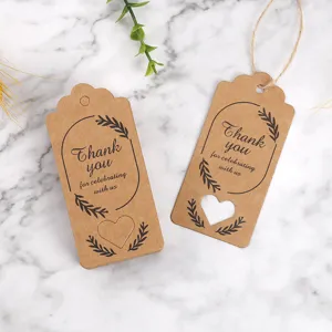 Kraft paper gift tag details showing Thank you text, hollow heart design, and natural hemp rope.