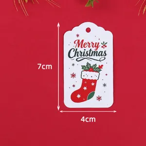 Christmas paper gift tag with stocking print, 7x4cm holiday hanging card decoration.