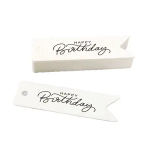 White paper gift tags with black Happy Birthday text, perfect for birthday party decor.