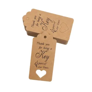 Kraft paper gift tags with heart cutout and thank you text for wedding party favors.