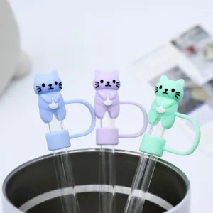 Silikon süße Katze Strohhalm Kappe Detail, bunte Staubschutz Kappe für Trinkhalme Nahaufnahme.
