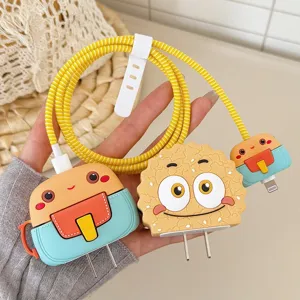 Cartoon Koekje Monster Schooltas Apple Oplader Protector Siliconen Datakabel Oproller Anti Breuk Kabelhoes Set