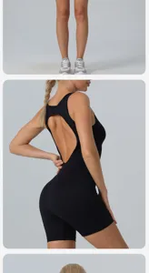 Combinaison de sport fitness sans coutures pour femme yoga côtelée dos nu noir court chic