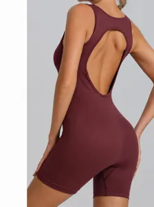 Body Sans Coutures pour Femme Jumpsuit de Fitness Haute Élasticité Couleur Unie Dos Ouvert Workout Yoga Romper Vêtement de Sport