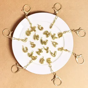 Gold-plated puffy letter keychain pendant metal initial bag charm accessory alphabet gift