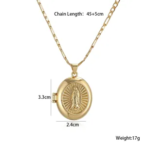Gold-plated openable religious locket pendant necklace with elegant chain design.