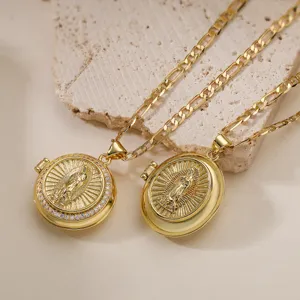 Vintage Copper Zirconia Locket Pendant Necklace For Women Elegant Religious Style Fashion Jewelry Chain