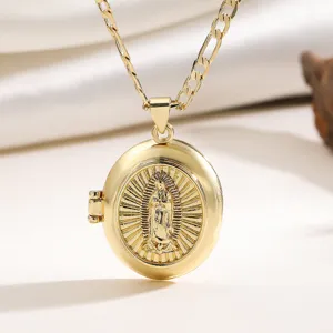 Gold locket necklace detail, vintage religious pendant close up, elegant carved photo frame charm