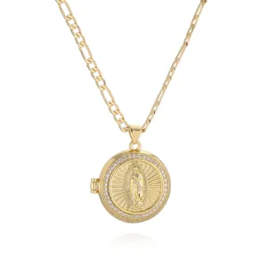 Gold locket pendant necklace with clear rhinestones and figaro chain vintage religious jewelry