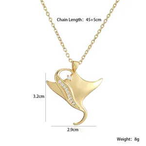 Gold plated stingray pendant necklace detail showing size and chain length specifications.