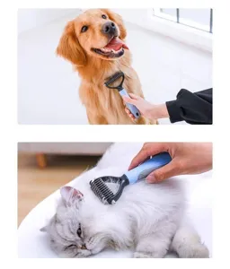 Huisdier kam detail met dubbele rij metalen tanden en ergonomische handgreep voor honden katten.