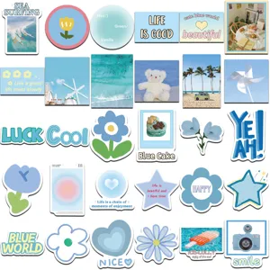 Ensemble d'autocollants bleus étanches esthétiques, pack de stickers style ins.