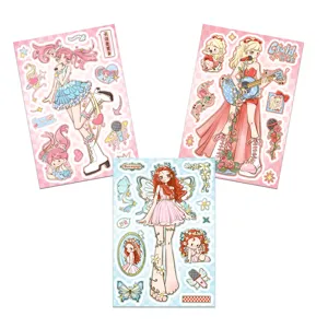 Close-up detail of cute K-pop idol DIY decorative sticker sheet with cartoon anime girl designs.
