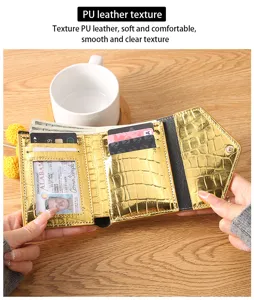 Gold crocodile PU leather wallet detail view, showing multiple card slots and clear texture.