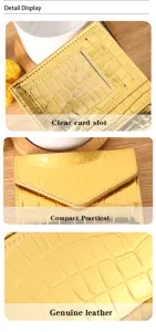 Gold crocodile leather wallet card slot and compact practical detail view showcase.