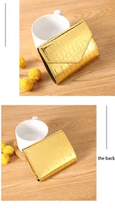 Gold holographic crocodile pattern women card holder tri-fold wallet detail view