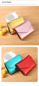 Detailed view of the shiny laser crocodile pattern women's foldover wallet in various colors.