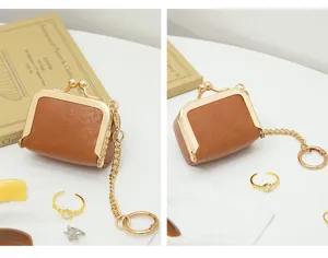 Mini PU leather kiss-lock coin purse jewelry box detail view showcasing compact ring storage design.