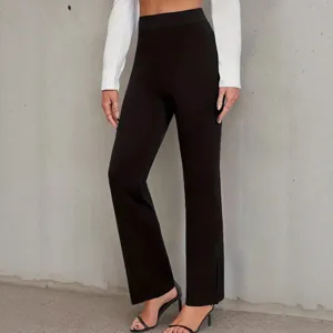 High-waisted black straight-leg casual trousers for women, elegant and minimalist style.