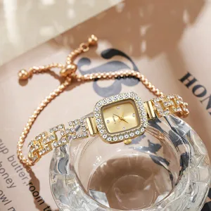 Detailed view of elegant gold square rhinestone women's bracelet watch on glass tray