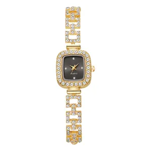 Exquisite gold square bracelet watch for women with sparkling rhinestone details and black dial