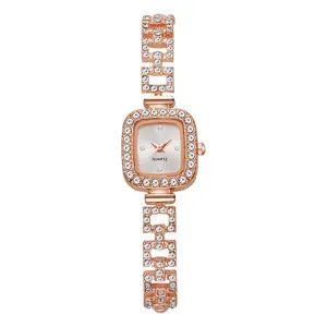 Elegant rose gold square quartz watch for women with sparkling rhinestone bracelet band.