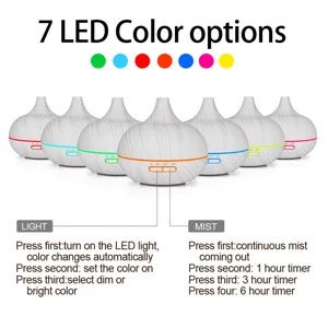 Detail view of 400ml wood grain essential oil diffuser with 7 color LED light options