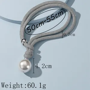 Silver mesh double strand choker necklace with large pearl pendant detail view