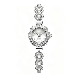 Detailed front view of elegant silver quartz bracelet watch with rhinestone dial