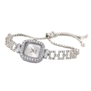 Elegant silver square quartz bracelet watch with sparkling rhinestones for women