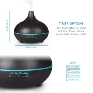 Wood grain 400ml essential oil diffuser with dimensions and timer settings detail
