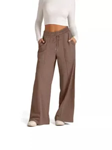 Eleganti pantaloni casual a gamba larga a vita alta con coulisse da donna color talpa
