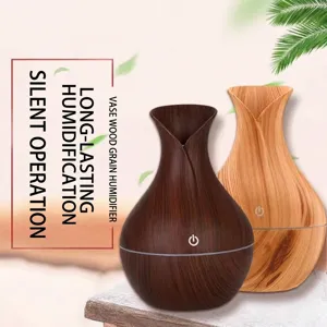 Humidificateur Champi Vase Grain de Bois Diffuseur d'Huiles Essentielles USB Veilleuse LED Colorée Purificateur d'Air Silencieux pour Voiture Maison Bureau