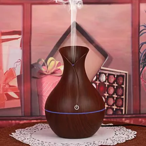 Humidificateur vase à grain de bois avec lumière LED bleue et port USB pour maison