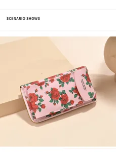 Dames bloemen print lange portemonnee roze PU leer rits crossbody tas stijlvol mooi