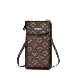Dames bruine PU leer schoudertas voor telefoon vintage bedrukte crossbody tas portemonnee