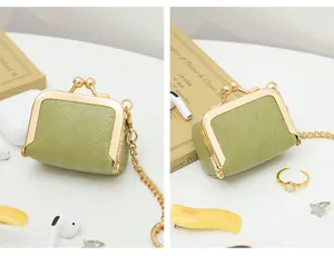Mini PU Leather Kiss-Lock Coin Purse Vintage Gold Chain Mini Jewelry Storage Bag