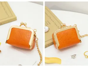 Mini PU leather kiss lock coin purse vintage small jewelry storage bag orange chain cross