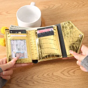 Women Short Wallet Iridescent Crocodile Embossed PU Leather Card Holder Minimalist Ultra Thin Snap Small Purse Korean Fashion Lady Change Pouch
