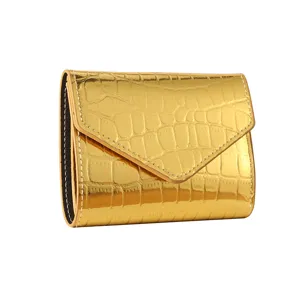 Gold metallic crocodile pattern minimalist women wallet stylish compact card holder purse.